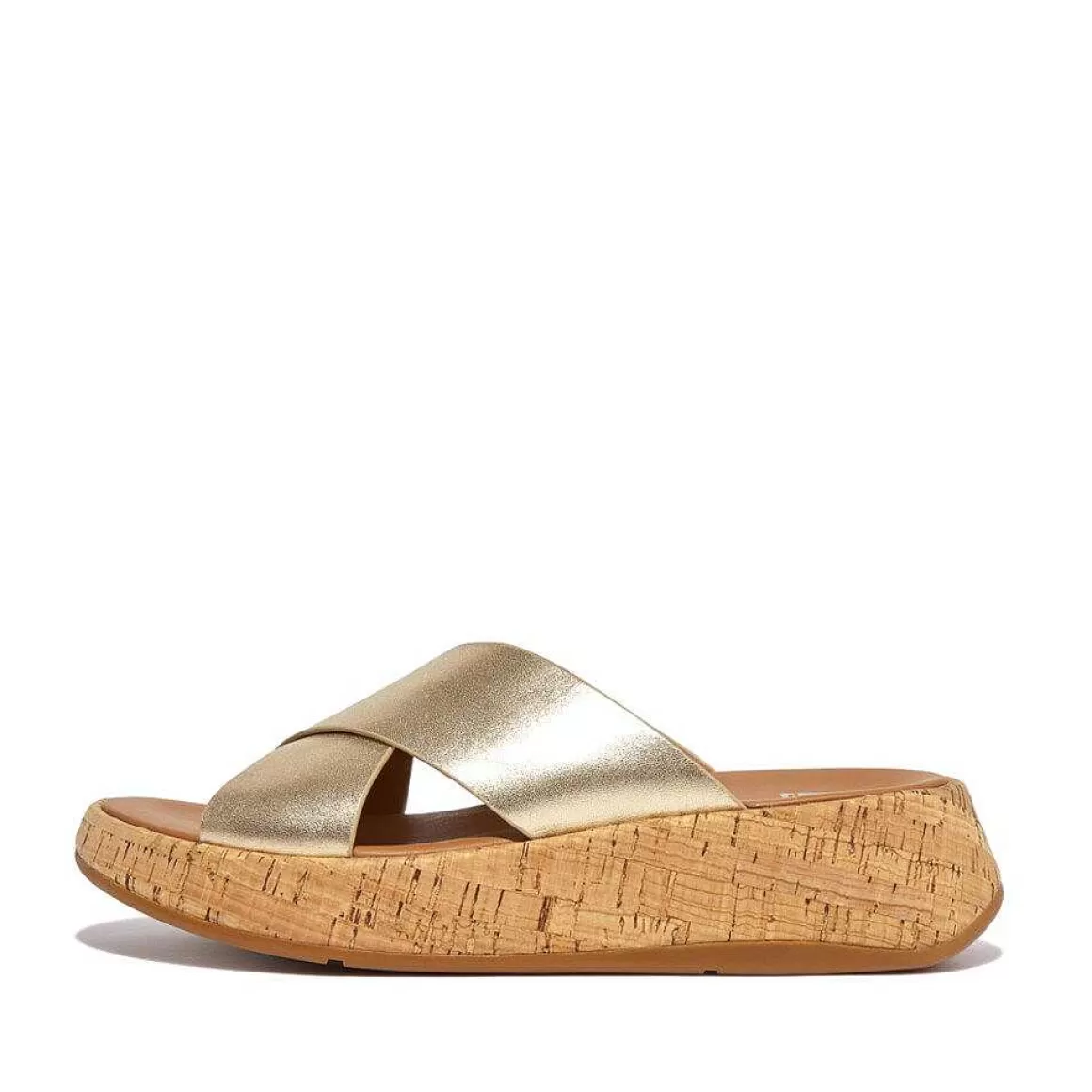 Fitflop F-Mode Metallic Laeder Kork Fladform Cross Slides*Kvinder Platforme Og Kilesandaler